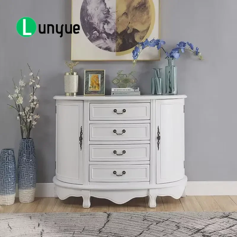 European American Style Solid Wood Side Cabinet Traditional Carved Drawer Console Table for Living Room Entrance Hallway