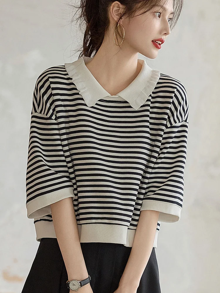 

Модный классический полосатый вязаный топ из ледяного шелка с коротким рукавом, женский, с воротником, универсальный, летний, 2025, корейский стиль, прямой крой