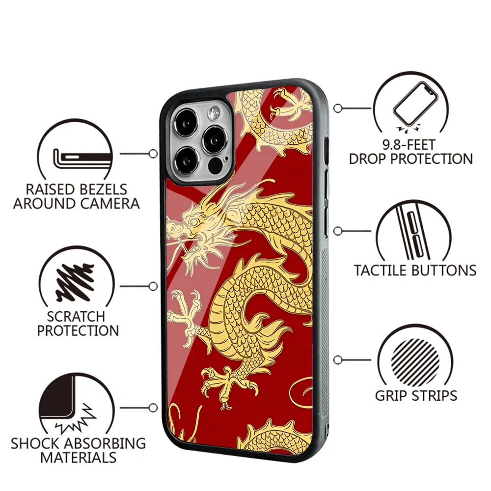 Golden Dragons Soar Pattern Phone Case For IPhone 16 16pro 16plus 16promax Pro Plus Max Mirror Acrylic PC TPU Cover