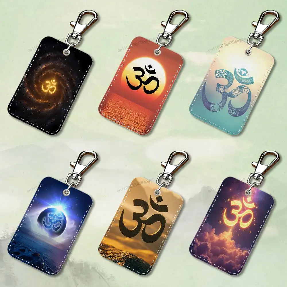 

Indian Art A-Aum O-Om Yoga Custom Access Card Case Leather Card Holder Keychain Key Ring Transportation Card Case Gifts