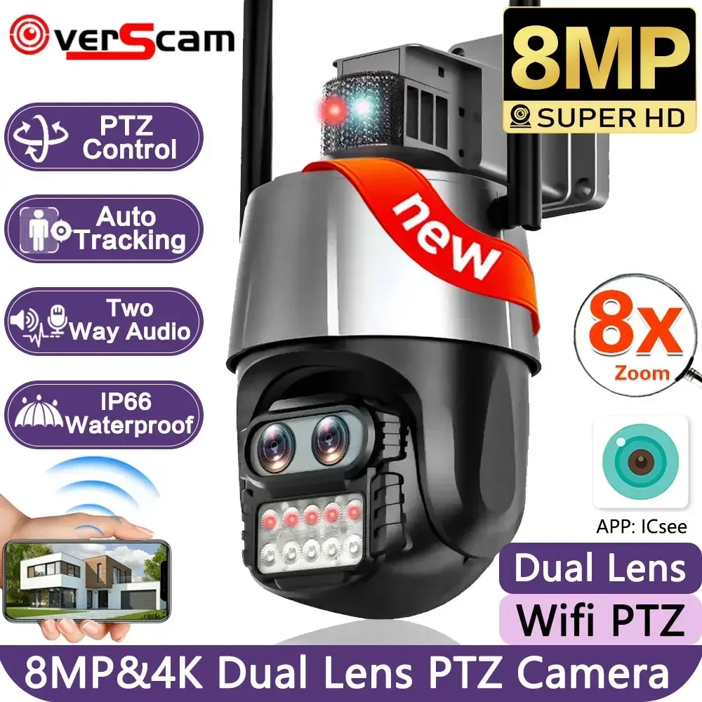 8MP 4K 8x Hybrid Zoom 2.8+12mm Dual Lens WiFi IP PTZ Camera Human Tracking Two way Audio IP66 iCSee For Home Security CCTV Cam