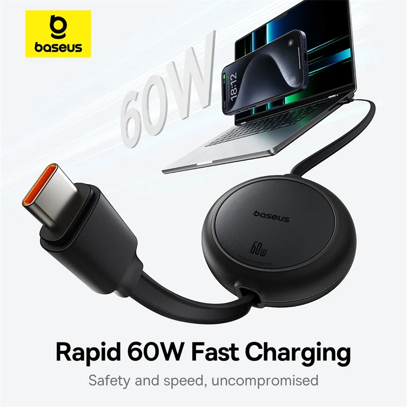 Baesus Retractable 60W USB C Cable For iPhone 16 15 Plus Pro Max Fast Charging Cable For MacBook iPad Type C Cable For Xiaomi