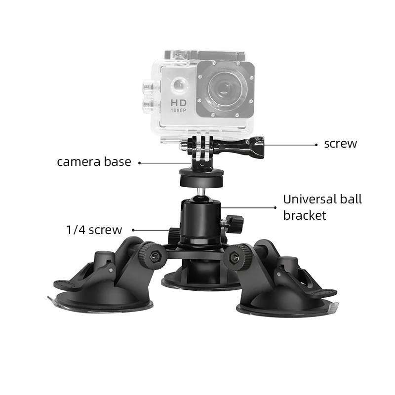 Triple Suction Cup Mount with 1/4\'\' Standard Thread Adapter for GoPro Hero 13 12 11 10 9 8 DJI OSMO Action 5 4 3 Insta360 SJCAM