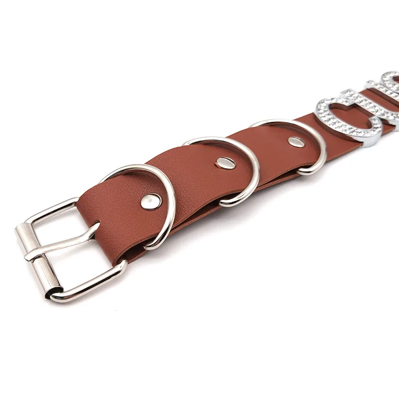 Punk Wide Brown PU Leather Belt Custom Choker Letters Necklace Women Men Goth Buckle Collar Chocker Sexy Cosplay Party Jewelry