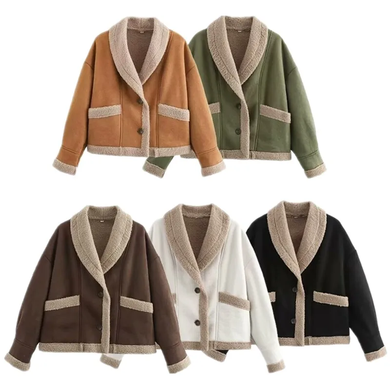 秋冬レディース長袖レザーファー一体型襟コート多用途ルーズフィットファッションデザインショートアウター