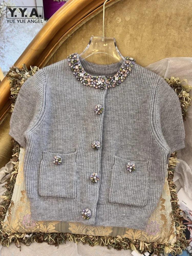 

Autumn Women Rhinestone Patchwork Short Sleeve Knitted Top Fashion Single Breasted Cardigan O-Neck Casual Office Ladies Jacket