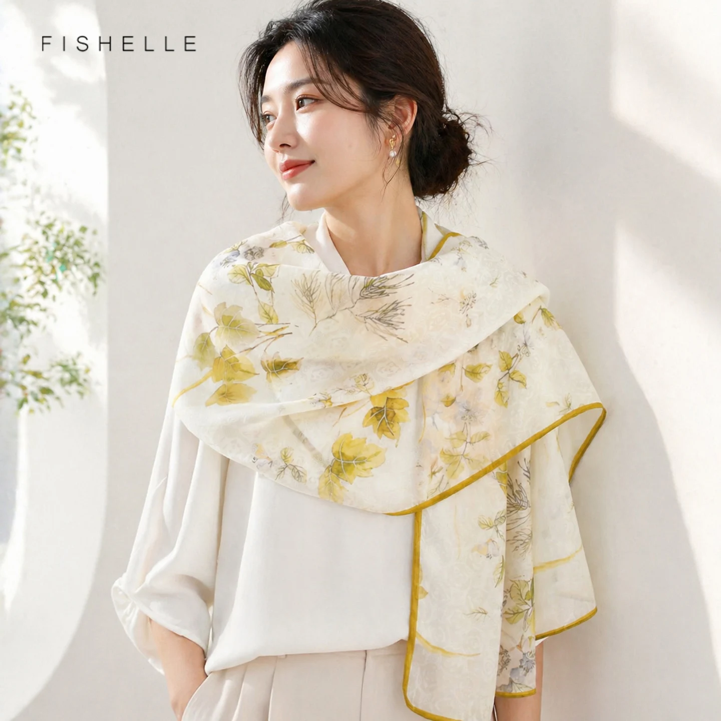 Yellow Leaves 100% Silk Long Scarf Jacquard Thin Women Luxury Shawl Wrap Bandana Neckerchief Headscarf Lady's Accessories