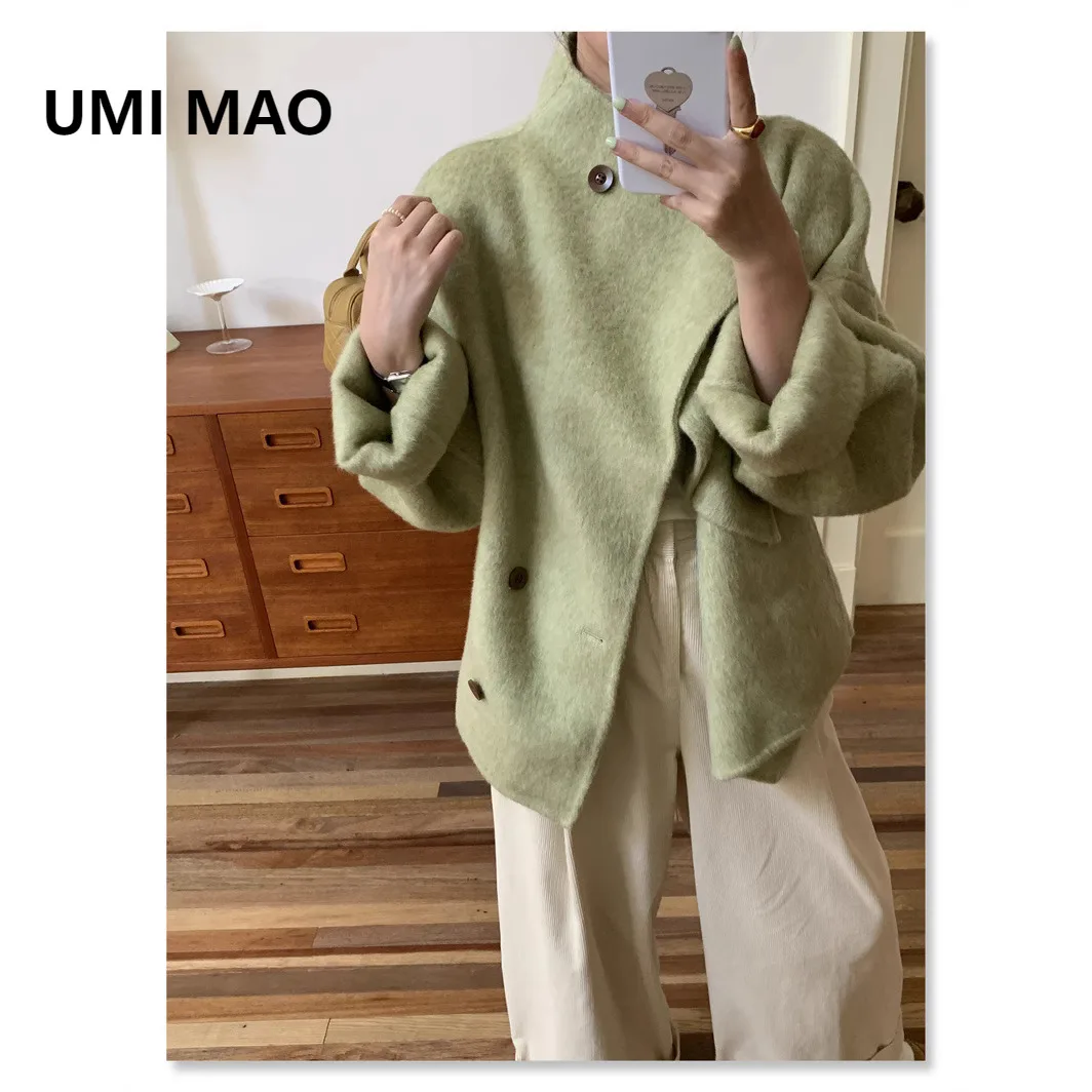 

UMI MAO Wool Coat Women Korean Style Loose Lazy Avocado Mulberry Silk Short Double-Sided Hand-Stitched Jacket Female Overcoat