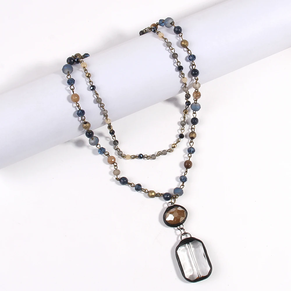 Fashion Bohemian Jewelry Accessory 2 Layer Stone Crystal Rosary Link & Chain Glass Pendant Necklaces For Women Gift