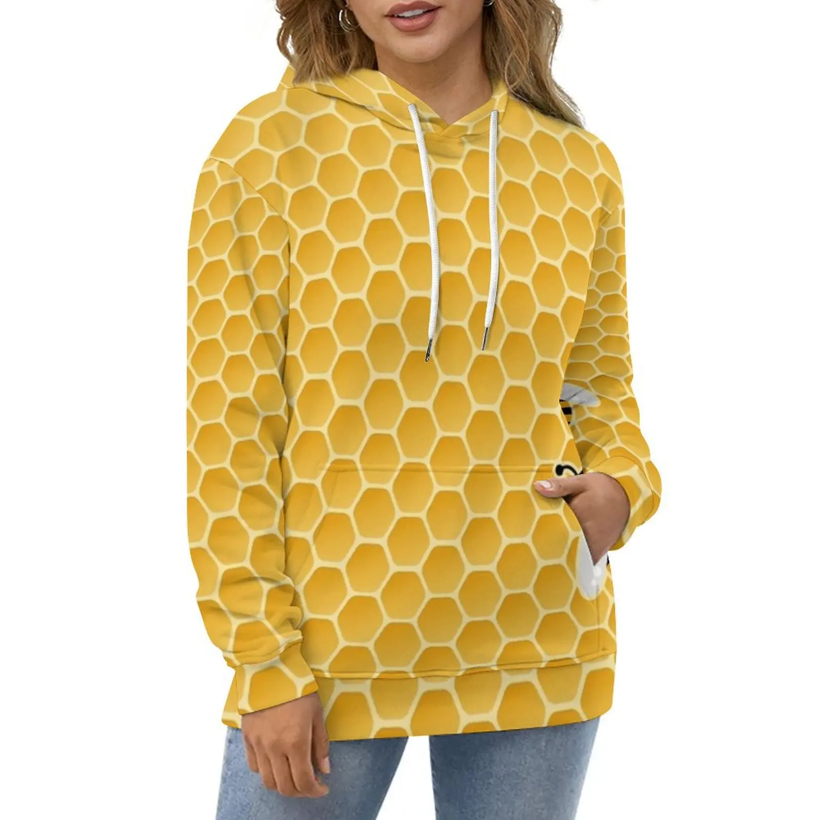 

Bumble Bees Casual Hoodies Cute Honeycomb Print Pullover Hoodie Woman Long Sleeve Street Wear Graphic Loose Oversize Clothes