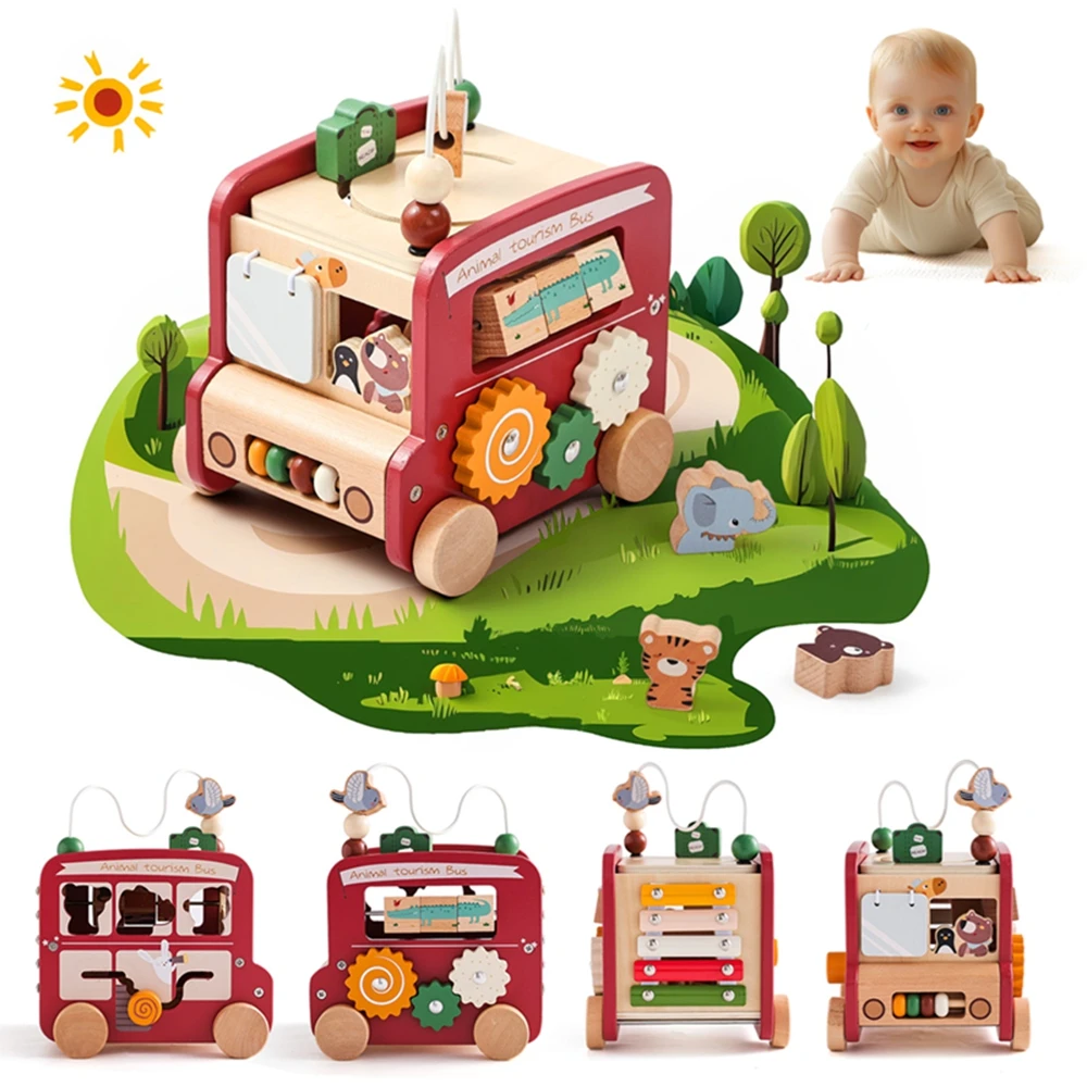Wooden Multi-functional Bus Toy Customized Names Free Baby Finger Fine Motor Dkill Game Early Education Toy Boy Children's Gift