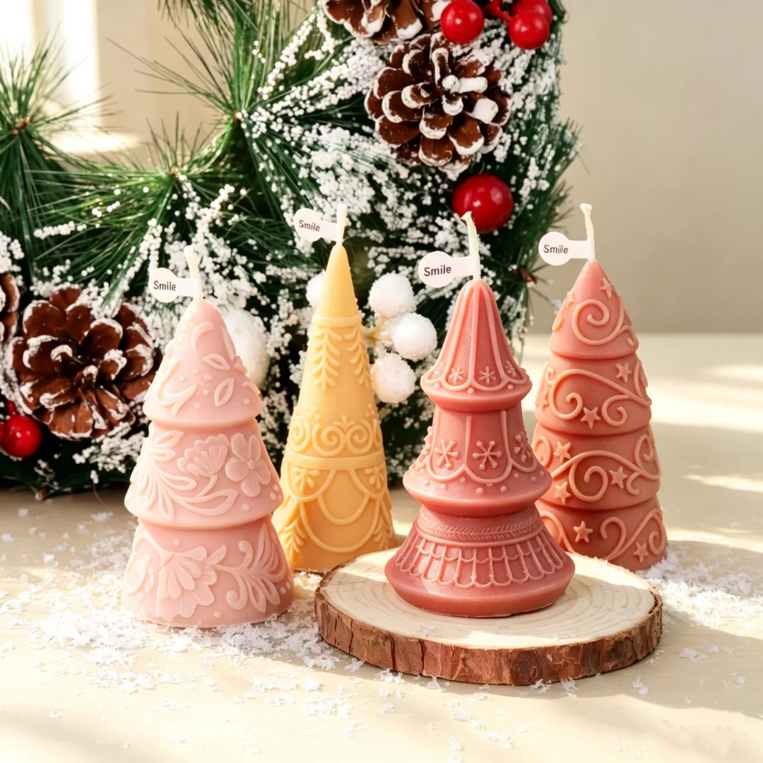 3D Flower Xmas Tree Silicone Candle Mould DIY Christmas Tree Relief Star Tower Silicone Resin Mold Making Candle Table Ornament
