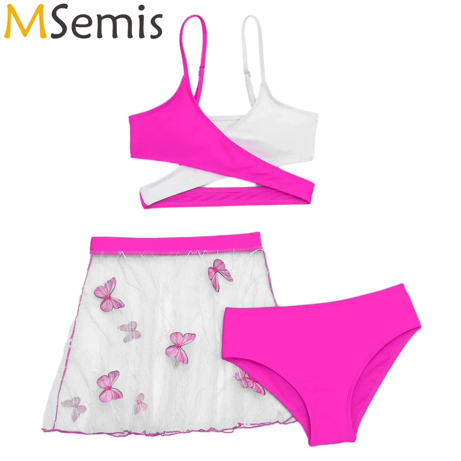 

Kids Girls 3 Piece Criss Cross Wrap Bikini Sets Swimsuit Bathing Suit with See Through Butterfly Swimwear Cover Up Beach Skirt