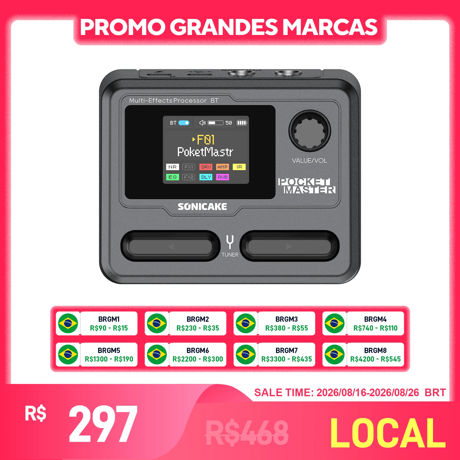 SONICAKE Pocket Master Versão em Inglês para o Brasil, Amplificador de Guitarra e Baixo com 100+ Efeitos Múltiplos, Controle por APP, Bateria Embutida QME-10