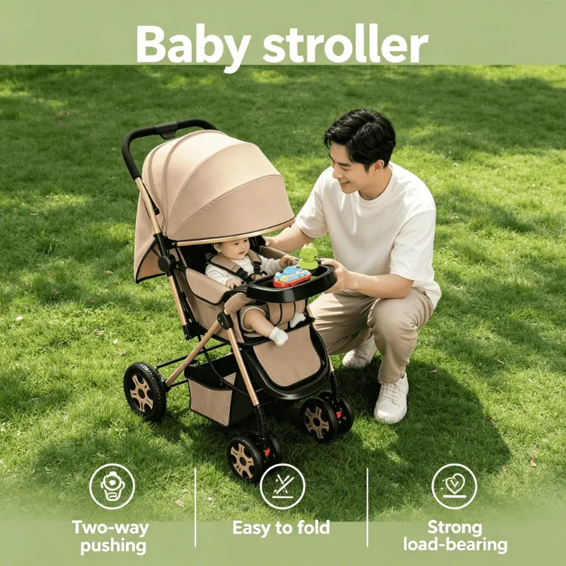 

Lightweight Reversible Baby Stroller - Compact & Foldable Travel Trolley with High Seat, Reclining Feature for Newborns Cart