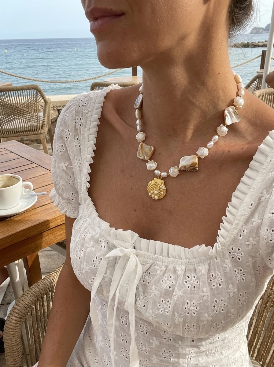 Böhmische Imitationsperlen-Muschelkette für Damen, Sommer-Choker mit Muschel- und Seestern-Anhänger, Reise- und Party-Schmuck – Detail 2