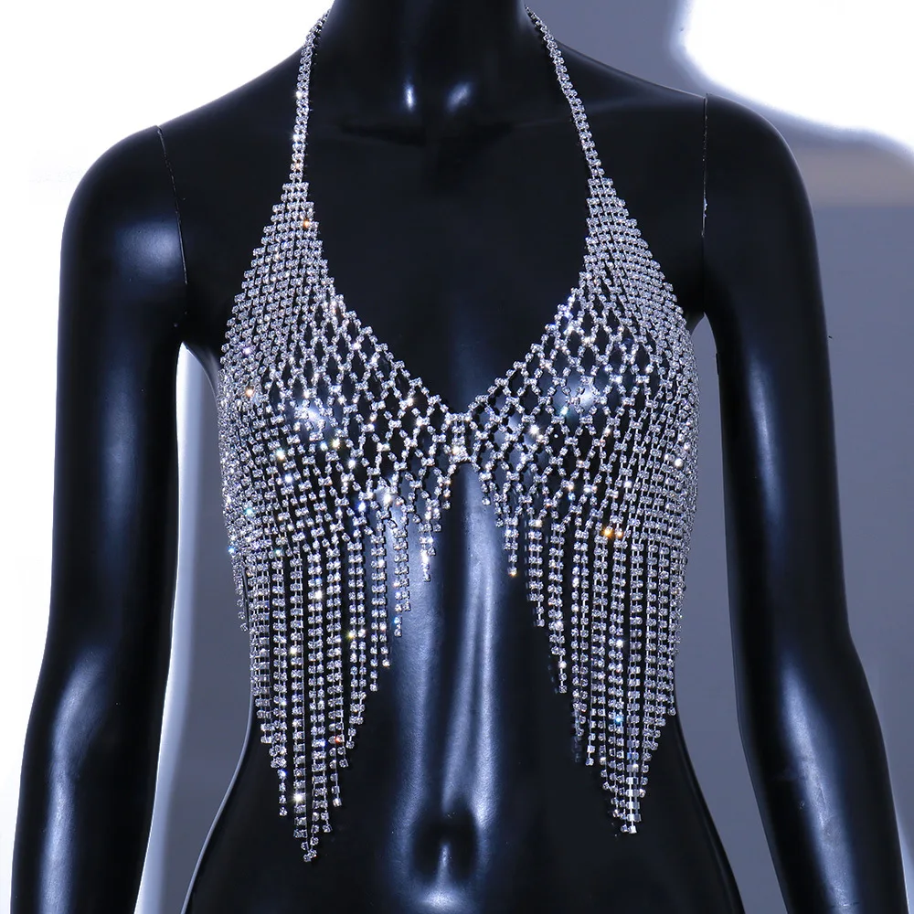 Rhinestone Hollow Mesh Body Chain Harness Top Bra Body Jewelry for Women Luxury Crystal Tassel Lingerie Bikini Chest Chain Bra