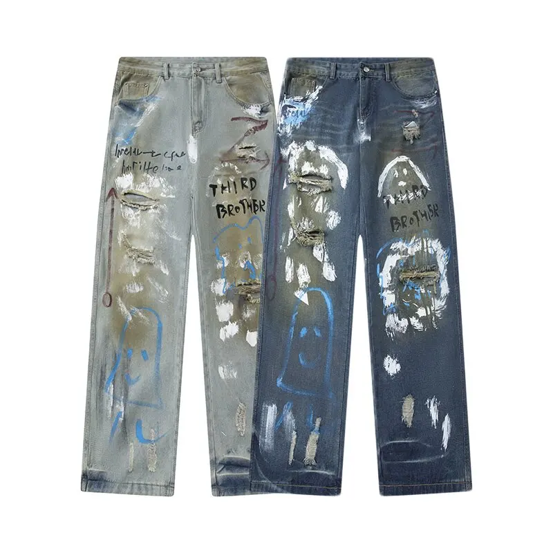 

Autumn and Spring Fashion Trend Print Retro Sports Straight Leg Jeans Men's Loose Comfortable Plus Size High Quality Denim Pants