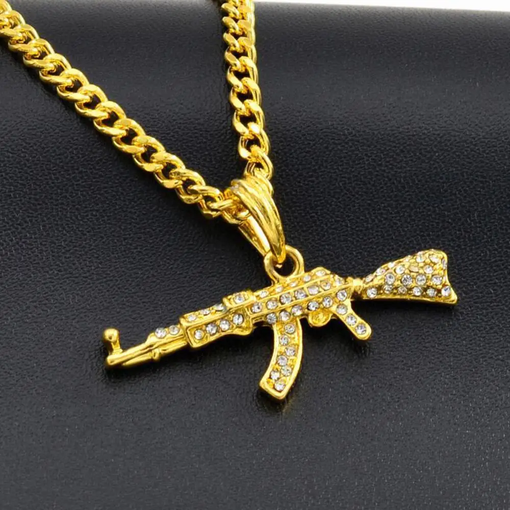 Crystal Ak 47 Rhinestone Bling Chain Necklace Fashion Creative Hip Hop Submachine Gun Pendant Necklace Women Men Rapper Jewelry