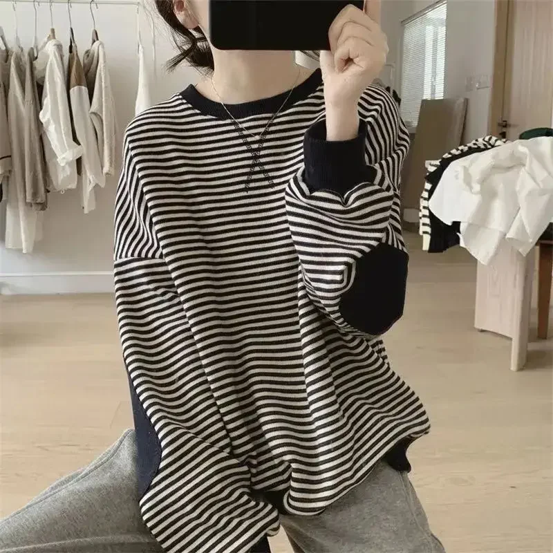 Female Top Spring and Autumn Women\'s Sweatshirts Striped Korean Pullovers Xxl Long Sleeve High Quality Youthful Clothes M New In