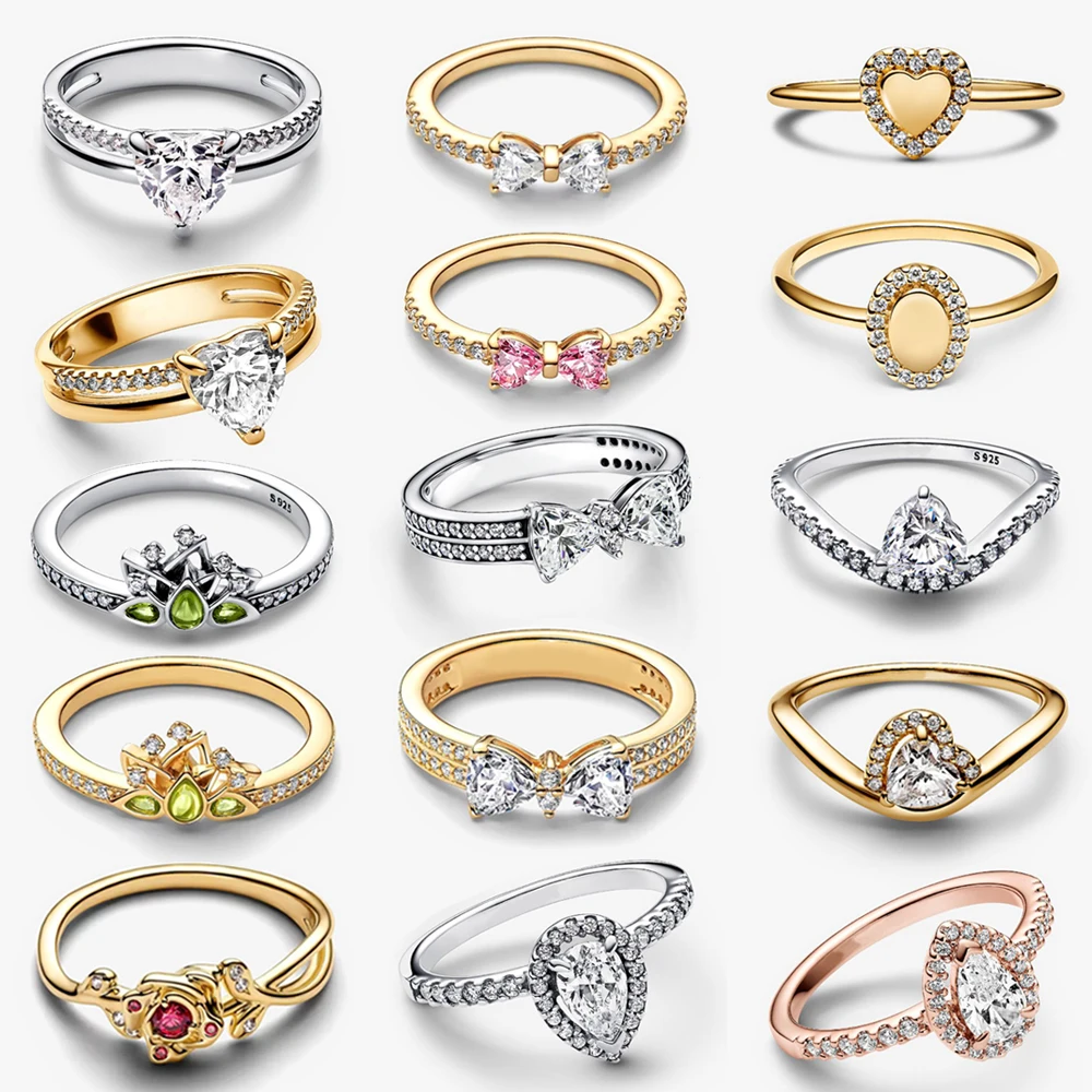 

2026 New 925 Silver Double Row Sparkling Heart shaped Water Drop Blue Pear Blossom Bow Crown Ring DIY Exquisite Charm Jewelry