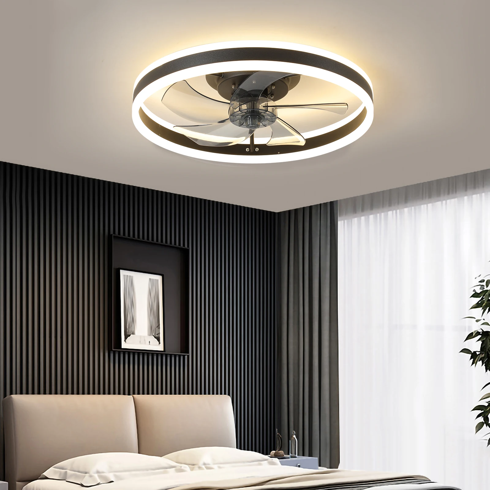 

19.7 Inch Thin Black Fan with Light 6 Speed Reversible Blade Home Ceiling Fan for Bedroom Living Room