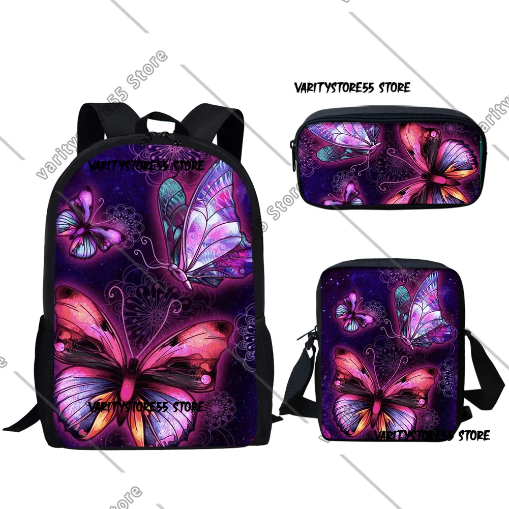 Cartoon Purple Butterfly Moon 3D Print 3pcs/Set pupil School Bags Laptop Daypack Backpack Inclined shoulder bag Pencil Case