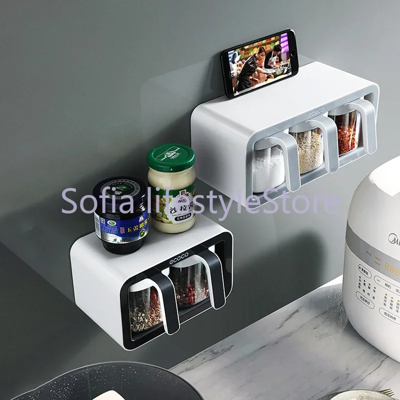

Wall Mount Spice Rack Organizer Sugar Bowl Salt Shaker Seasoning Container Kitchen Supplies Storage Set Spice Boxes