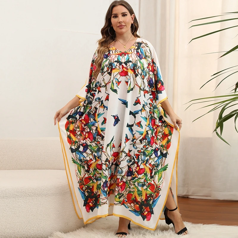 

Bird Garden Boho Oversized Dress Women Silk Like Smooth Kaftan Comfy Long Tunic Spring Half Sleeve Caftan Floral Beach Cover Ups