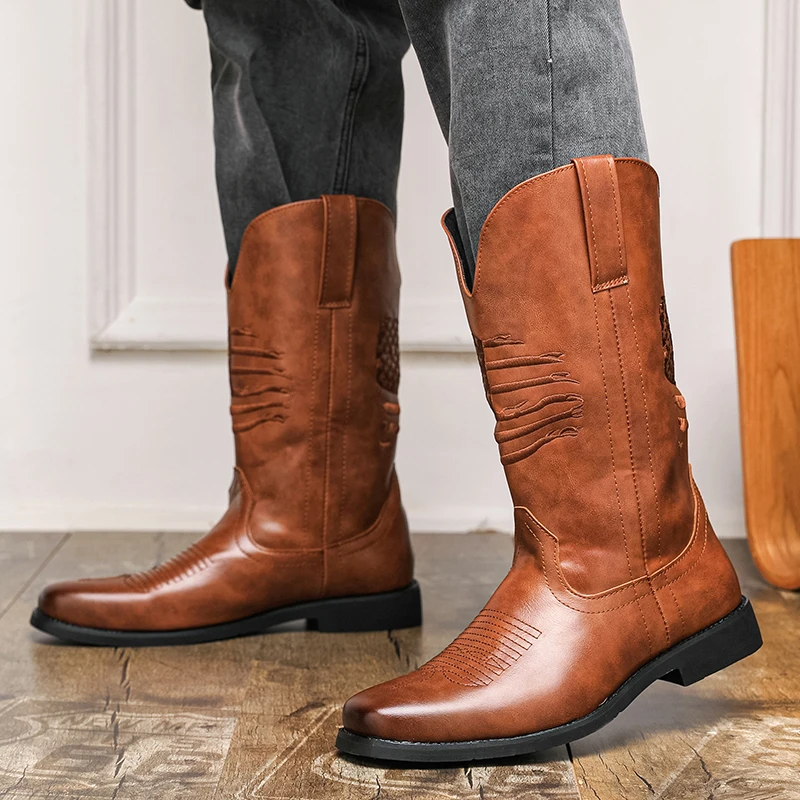 

New Styles of High-topped Boots for Autumn and Winter, Western-style Leather Men's Boots, Large-sized Knight Boots