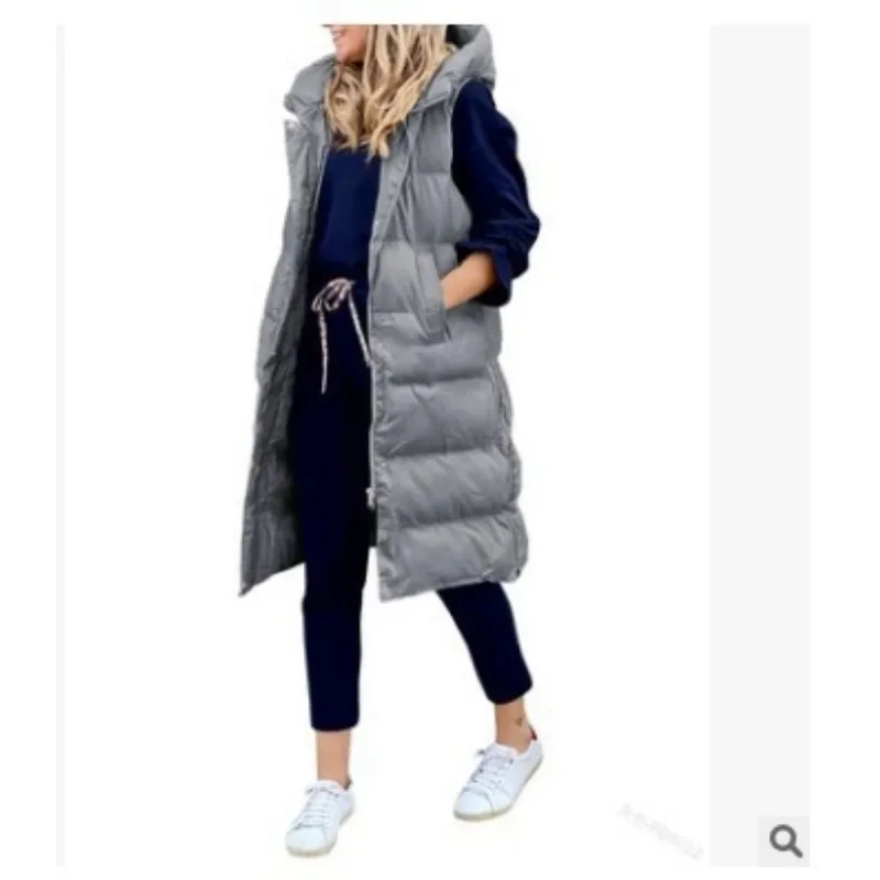 Women Solid Color Hooded Long Coat 2023 Autumn Winter Vest Long Parkas Women Loose and Warm Single-Brewed Zip Sleeveless Parkas