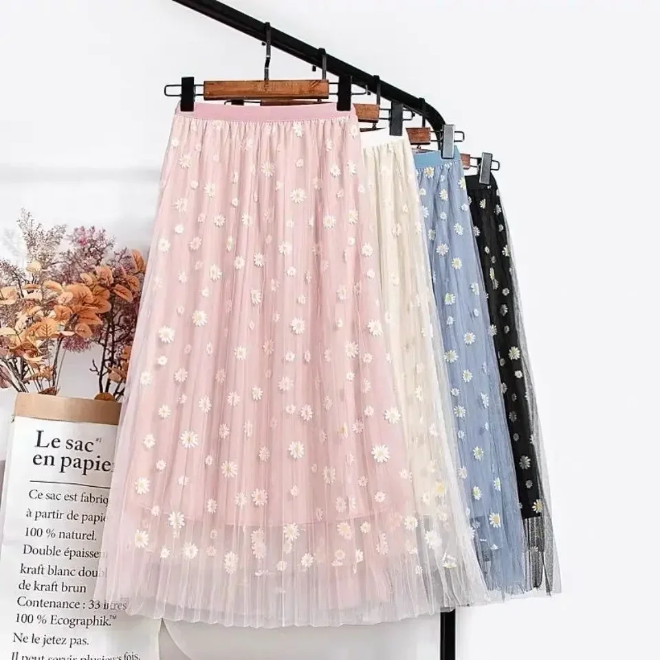 

Teenage Girls Maxi Skirts Floral Print Mesh Skirts 2024 New Arrival Daisy Pattern Pleated Skirts Pink Wihte Skirt For 6-15Y