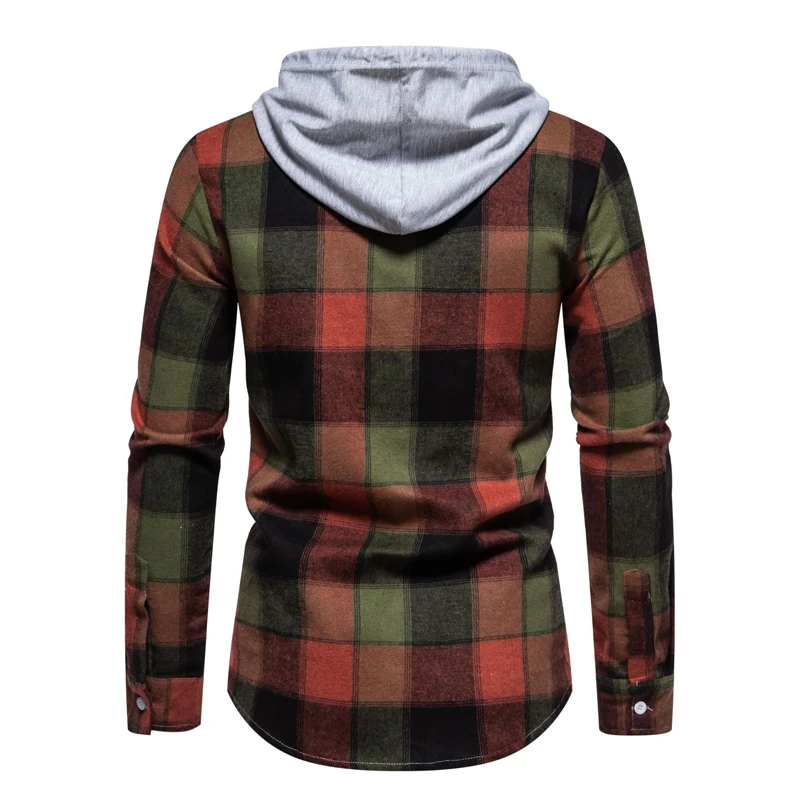 Retro Plaid Flannel Hoodie Shirt for Men Long Sleeve Button Down Checked Hooded Shirts Mens Casual Daily Preppy Chemise Homme