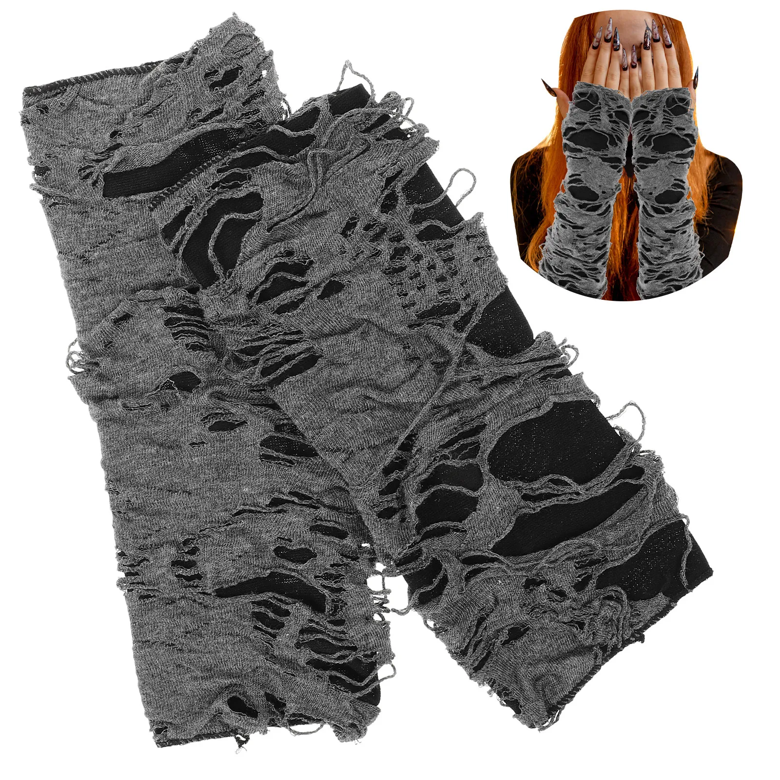 

1 пара черно-серых перчаток из полиэстера и хлопка в стиле панк с отрезанными пальцами, аксессуар для костюма на Хэллоуин, для вечеринки в честь Хэллоуина