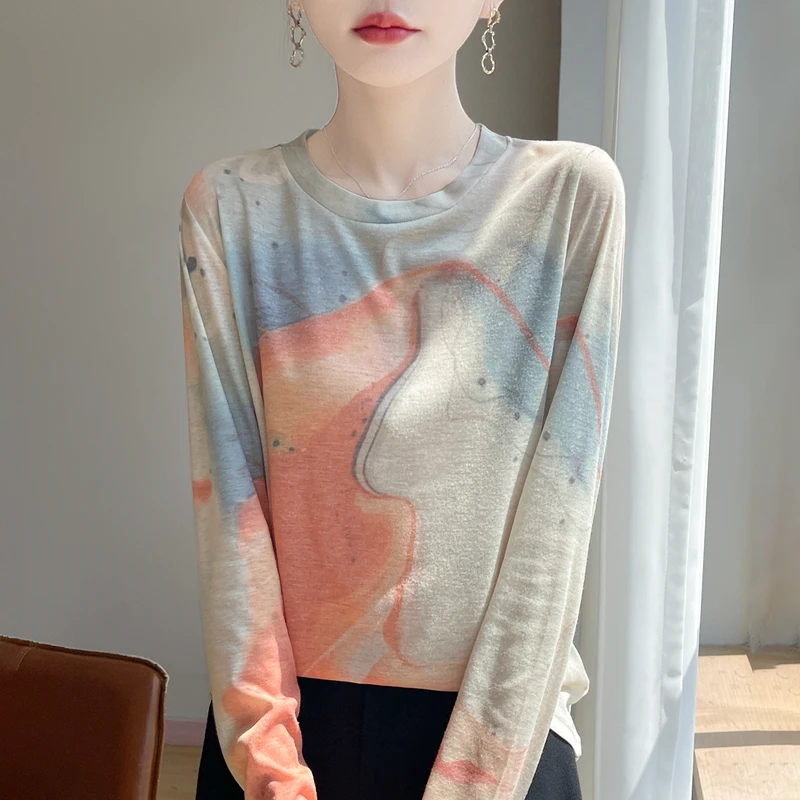 Spring And Autumn New Worsted Sweater Round Neck Bottoming Shirt Joker Long Sleeve Pullover Printing Long Sleeve
