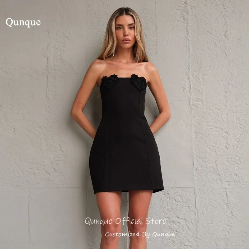 

Qunque Strapless Mini Prom Dresses Lace Up Back Homecoming Dresses Sleeveless 3D Floral Applique Cocktail Party Gowns Customized