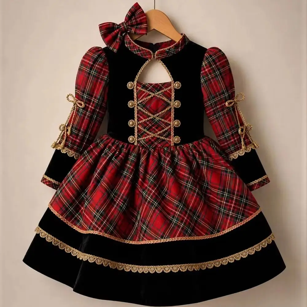 Autumn Winter Red Plaid Vintage Princess Dress With Bow For Casual Party Birthday Wedding Photography C421