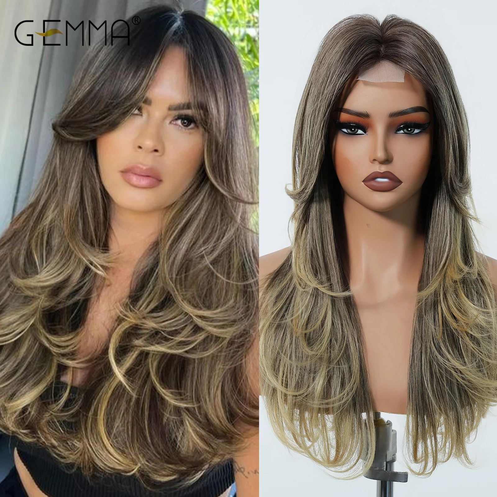 

Synthetic Hairline Lace Wig Ombre Golden Brown Long Layered Wigs for Women Cosplay Daily Natural Looking Hair Heat Resistant