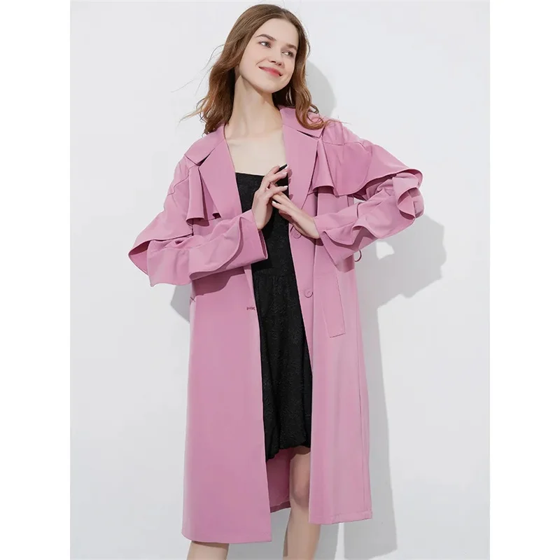 High-Quality Windbreaker Female 2022 New Spring Clothing Niche Design Lotus Leaf Edge Temperament Women's Coat Over The Knee A08