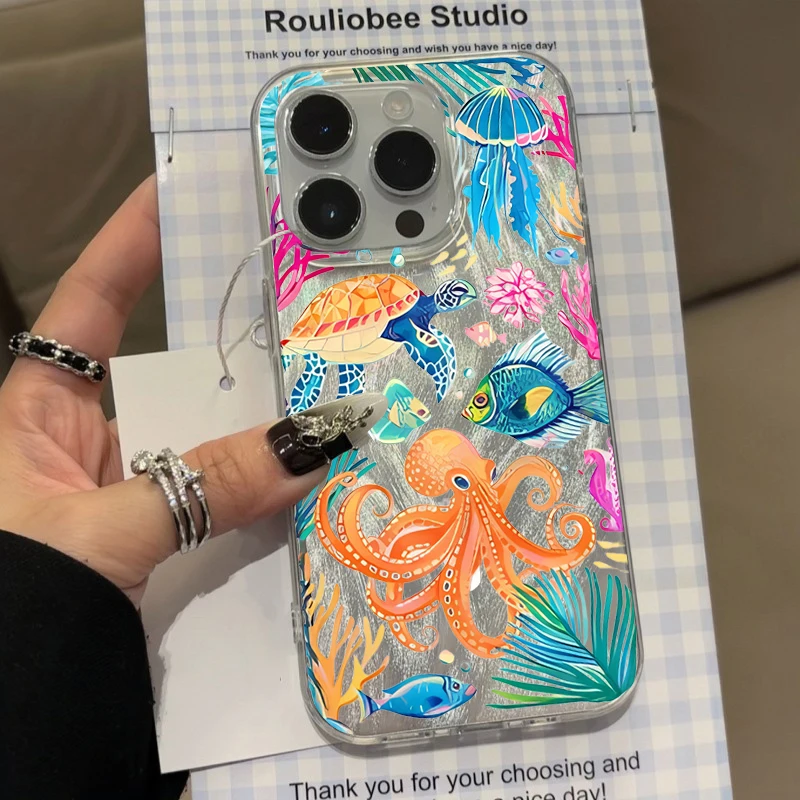 Funda de Teléfono con Diseño de Flores y Animales Marinos para iPhone 17 Pro Max 16 15 14 13 Pro Max 13 12 11 Pro 7 8 Plus X XS, Resistente a Golpes, Láser, TPU
