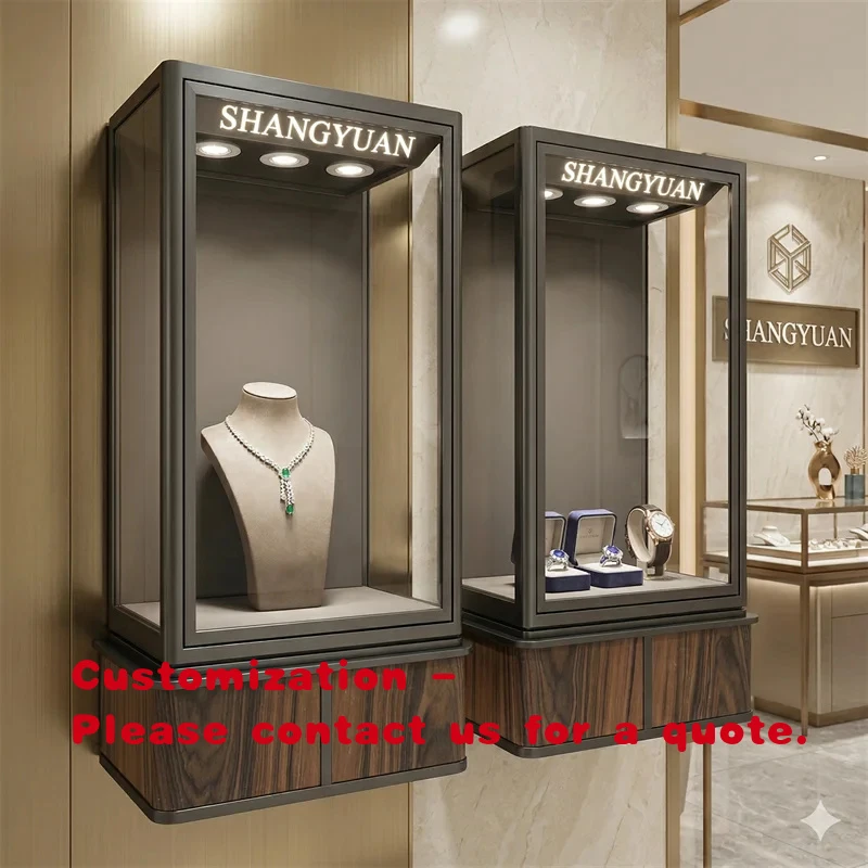 custom.Modern Vertical Wood Grain Jewelry Wall Showcase Matte Black Metal Lockable High-End Gems Cabinet Commercial Retail S