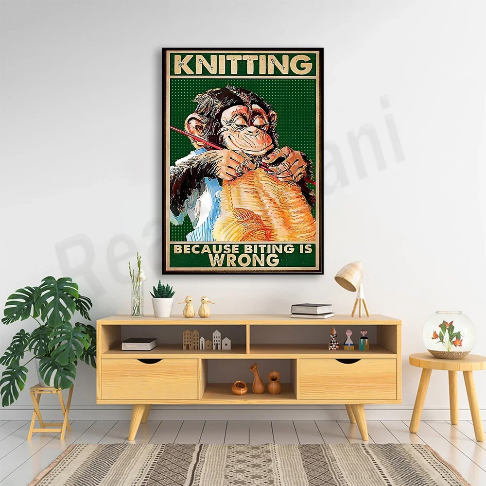 Monkey Knitting Art, Knitting Because Bite Wrong Poster, Knitting Vintage Poster Canvas Print, Knitting Valentine Gift Idea