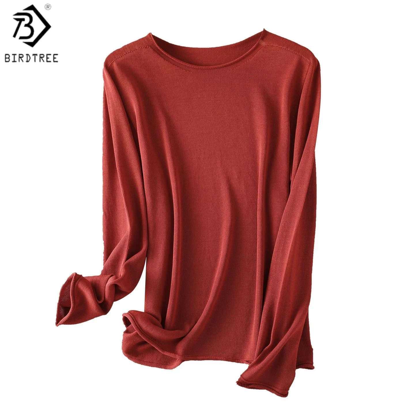 Birdtree Silk Blended Basics Undershirt, Roll-edge O-neck Shirt, Women Knitted Loose Breathable Blouse, 2026 Winter New T6O407JF