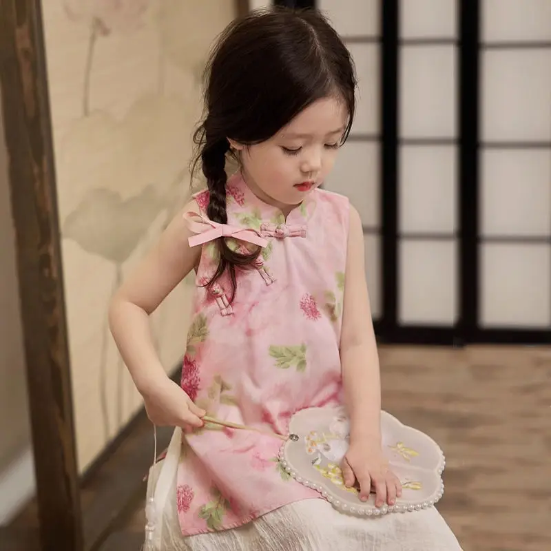 Girls Cheongsam Dress2024New Summer New Chinese Style Children Han Chinese Clothing Fake Two-Piece Skirts Princess Style