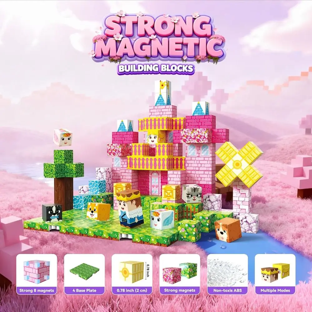 Cubi da costruzione magnetici per bambini 3+, giocattoli STEM a tema principessa con 4 piastre di base, ideali per regali di Natale e compleanno