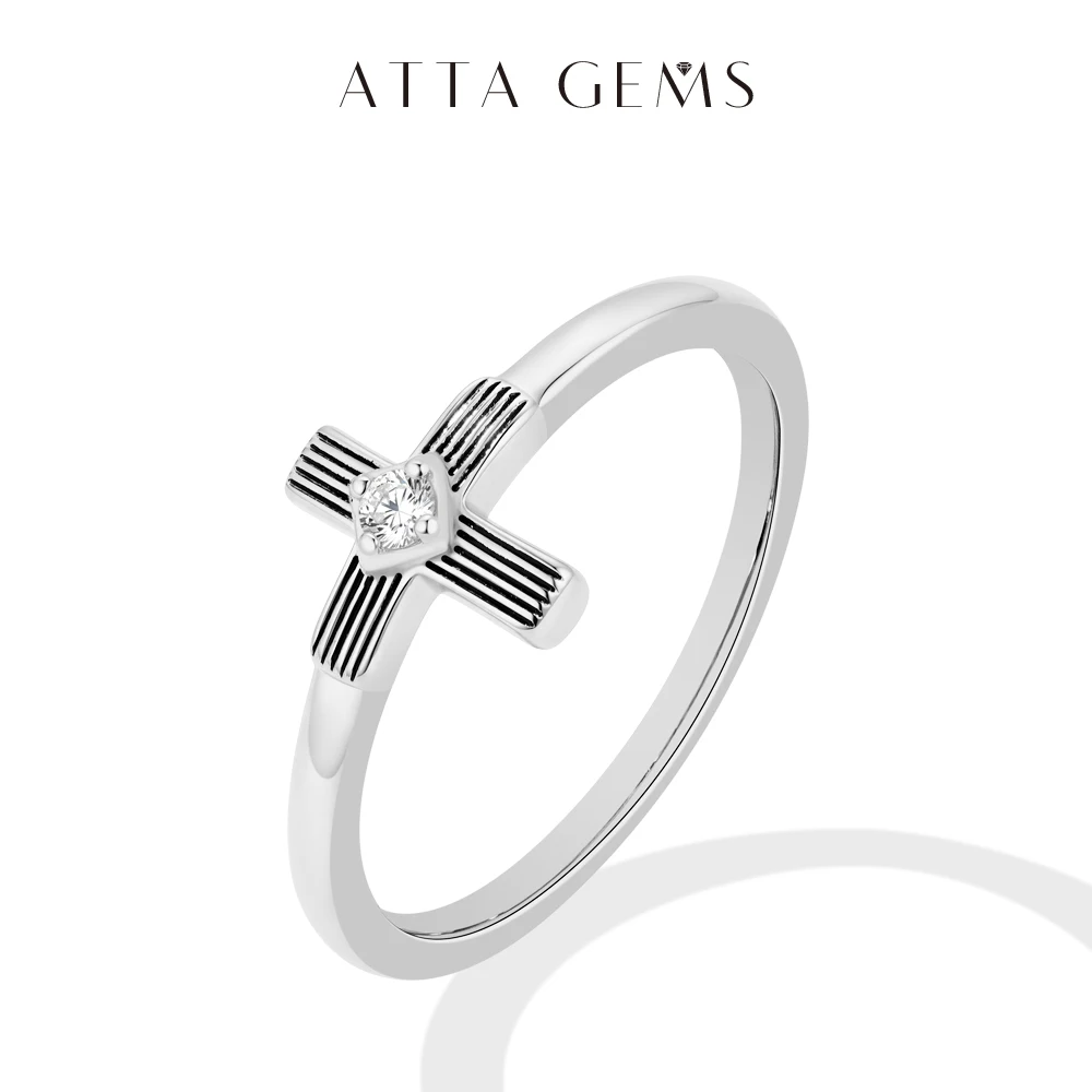 

ATTAGEMS Tiny Cross Ring 2mm Round Moissanite Copper Material Vintage Textured Christian Rings for Women Men Party Fine Jewelry