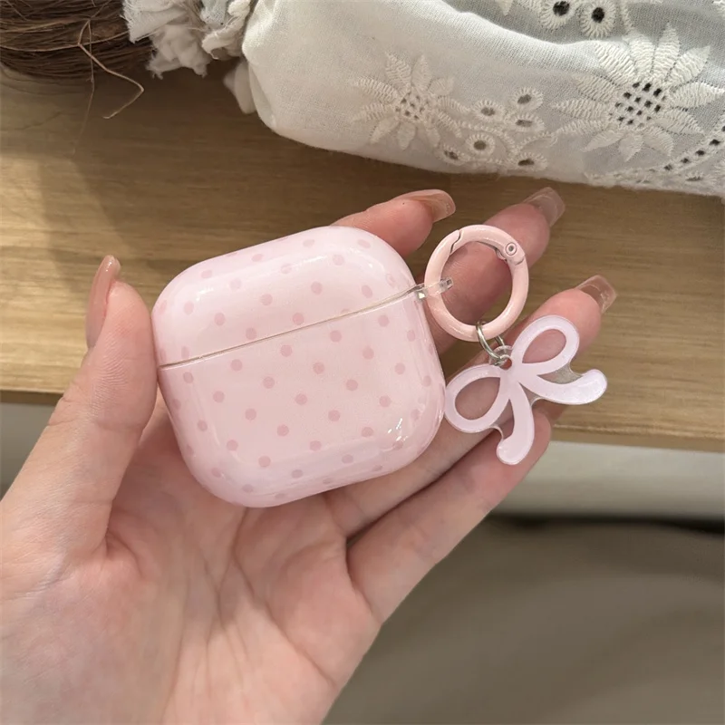 

Kawaii Pink Polka Dot earphone Case with Bow Charm for Airpods 1 2 3 4 Pro Pro2 Pro3 Soft IMD Shockproof Cover