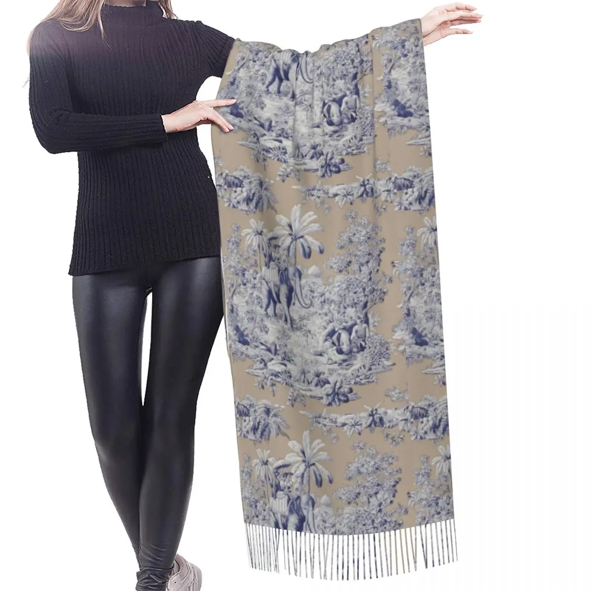 Navy Blue Toile De Jouy French Motif Pattern Tassel Scarf Women Soft Shawl Wrap Female Winter Fall Fashion Versatile Scarves