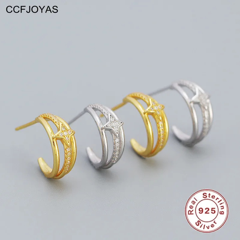 

CCFJOYAS 925 Sterling Silver Gold Silver color Three-layer C-shaped Earrings for Women Simple ins Star Zircon Stud Earrings 2022