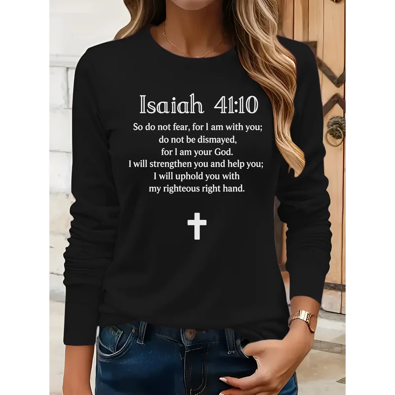 Motivational Bible verse printed round neck long sleeveTShirt，Casual everyday wear，Suitable for both spring and autumn